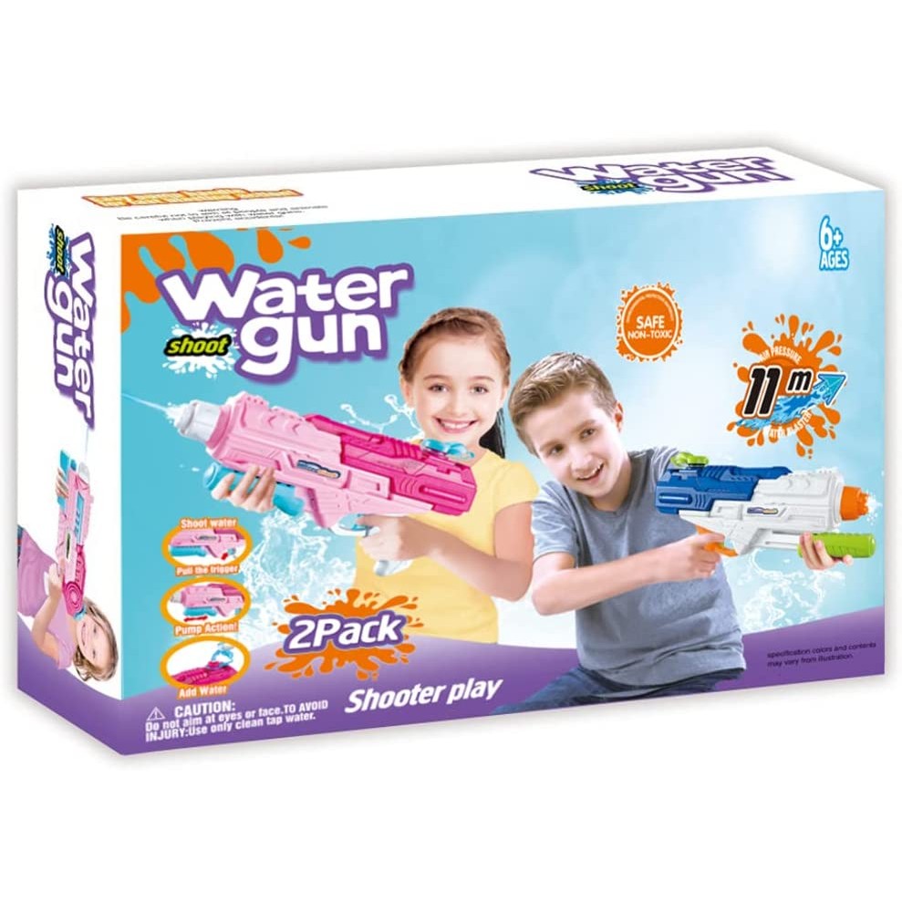 Set 2x Pistol cu Apa pentru Copii, Rezervor, Pentru Piscina/Plaja, Selexmo, 6ani+, Roz + Albastru, 1200 ML