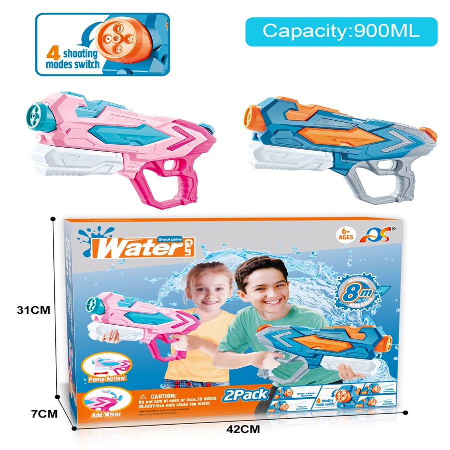 Set 2x Pistol cu Apa pentru Copii, Rezervor, Pentru Piscina/Plaja, Selexmo, 6ani+, Roz + Albastru, 4 duze, 900 ML