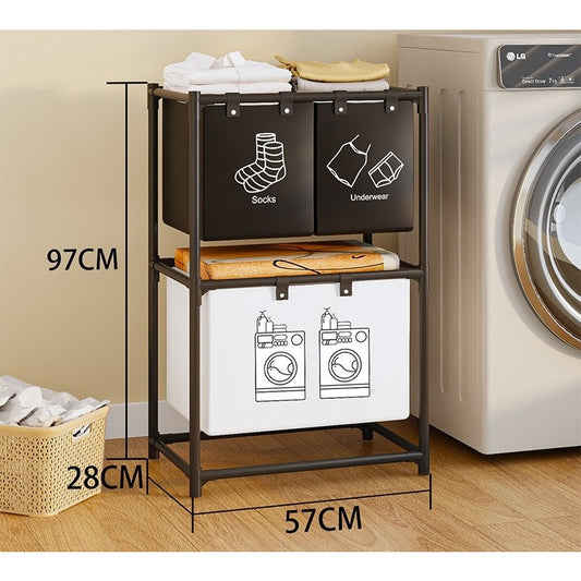 Raft/Cos Depozitare Haine Murdare, selexmo, pentru Baie, 2 Rafturi, 3 Cosuri, Cadru de Otel Inoxidabil, 97 x 28 x 57 cm, Negru