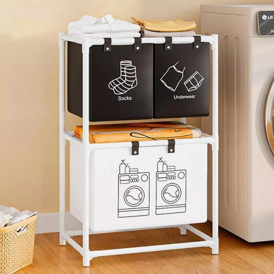 Raft/Cos Depozitare Haine Murdare, selexmo, pentru Baie, 2 Rafturi, 3 Cosuri, Cadru de Otel Inoxidabil, 97 x 28 x 57 cm, Alb