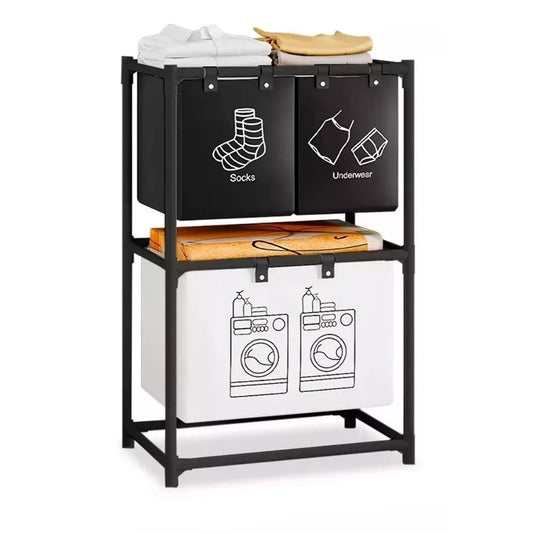 Raft/Cos Depozitare Haine Murdare, selexmo, pentru Baie, 2 Rafturi, 3 Cosuri, Cadru de Otel Inoxidabil, 97 x 28 x 57 cm, Negru