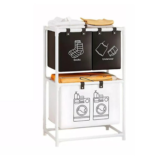 Raft/Cos Depozitare Haine Murdare, selexmo, pentru Baie, 2 Rafturi, 3 Cosuri, Cadru de Otel Inoxidabil, 97 x 28 x 57 cm, Alb