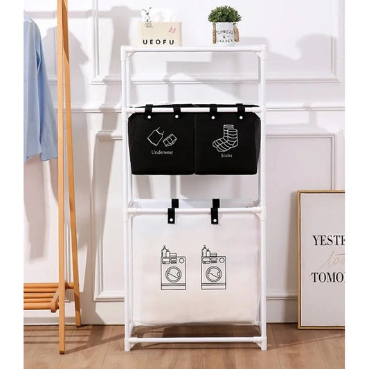 Raft/Cos Depozitare Haine Murdare, selexmo, pentru Baie, 3 Rafturi, 3 Cosuri, Cadru de Otel Inoxidabil, 123 x 28 x 57 cm, Alb