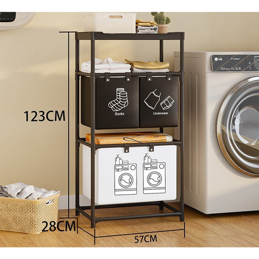 Raft/Cos Depozitare Haine Murdare, selexmo, pentru Baie, 3 Rafturi, 3 Cosuri, Cadru de Otel Inoxidabil, 123 x 28 x 57 cm, Negru