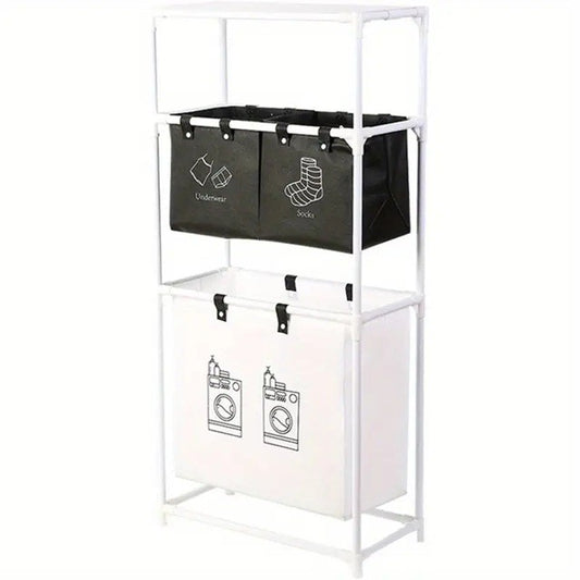 Raft/Cos Depozitare Haine Murdare, selexmo, pentru Baie, 3 Rafturi, 3 Cosuri, Cadru de Otel Inoxidabil, 123 x 28 x 57 cm, Alb