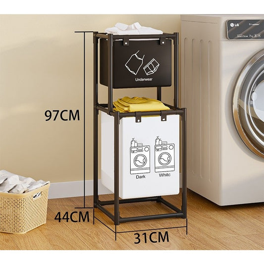 Raft/Cos Depozitare Haine Murdare, selexmo, pentru Baie, cu 2 Etaje, 2 Cosuri, Cadru de Otel Inoxidabil, 97 x 44 x 31 cm, Negru