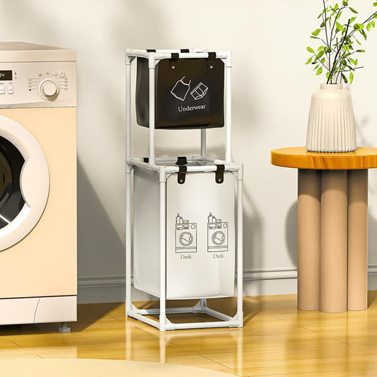 Raft/Cos Depozitare Haine Murdare, selexmo, pentru Baie, cu 2 Etaje, 2 Cosuri, Cadru de Otel Inoxidabil, 97 x 44 x 31 cm, Alb