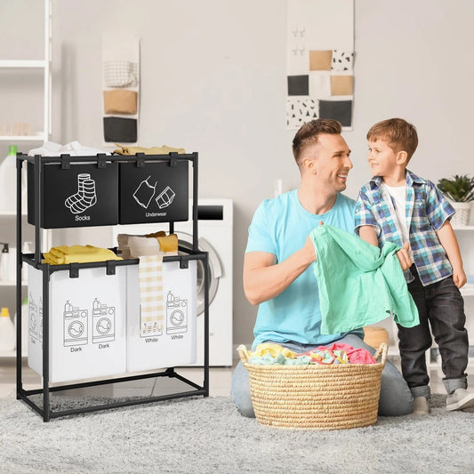 Raft/Cos Depozitare Haine Murdare, selexmo, pentru Baie, cu 2 Etaje, 4 Cosuri, Cadru de Otel Inoxidabil, 97 x 44 x 57 cm, Negru