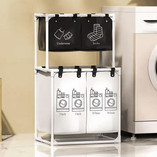 Raft/Cos Depozitare Haine Murdare, selexmo, pentru Baie, cu 2 Etaje, 4 Cosuri, Cadru de Otel Inoxidabil, 97 x 44 x 57 cm, Alb