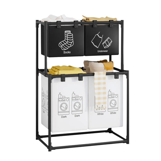 Raft/Cos Depozitare Haine Murdare, selexmo, pentru Baie, cu 2 Etaje, 4 Cosuri, Cadru de Otel Inoxidabil, 97 x 44 x 57 cm, Negru