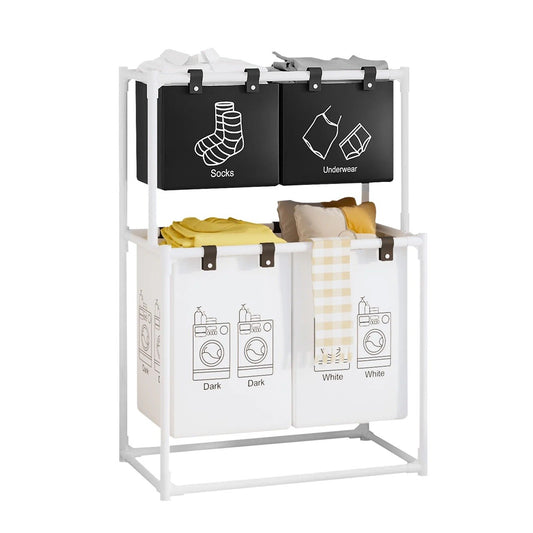 Raft/Cos Depozitare Haine Murdare, selexmo, pentru Baie, cu 2 Etaje, 4 Cosuri, Cadru de Otel Inoxidabil, 97 x 44 x 57 cm, Alb