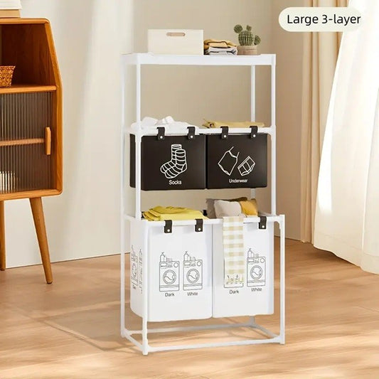 Raft/Cos Depozitare Haine Murdare, selexmo, pentru Baie, cu 3 Etaje, 4 Cosuri, Cadru de Otel Inoxidabil, 123 x 44 x 57 cm, Alb