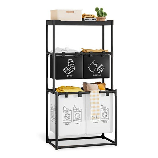 Raft/Cos Depozitare Haine Murdare, selexmo, pentru Baie, cu 3 Etaje, 4 Cosuri, Cadru de Otel Inoxidabil, 123 x 44 x 57 cm, Negru