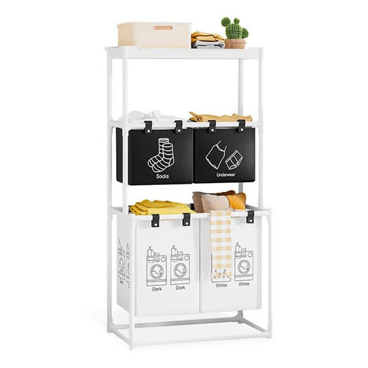 Raft/Cos Depozitare Haine Murdare, selexmo, pentru Baie, cu 3 Etaje, 4 Cosuri, Cadru de Otel Inoxidabil, 123 x 44 x 57 cm, Alb