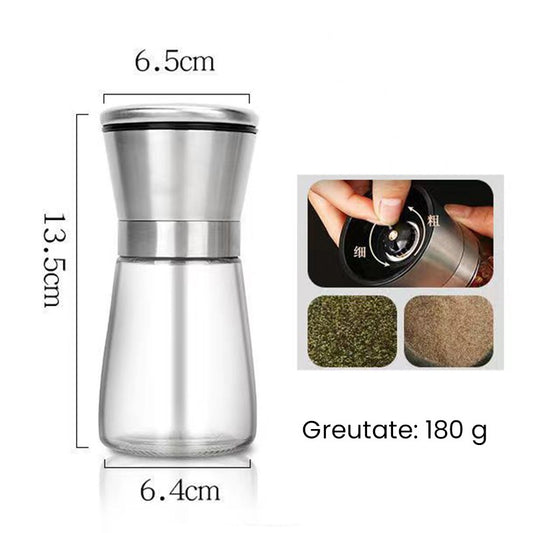 Rasnita Manuala pentru boabe, selexmo, Rasnita pentru Piper Sare Cafea, din Sticla cu Otel inoxidabil, 13.5 x 6.5 cm, volum 180 ml, Transparenta cu Capac din Inox
