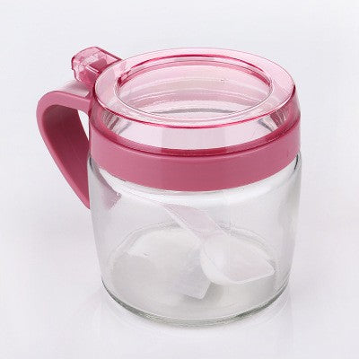 Recipient Condimente, selexmo, din Stilca, 180 ml, cu Maner si Lingurita, 8 x 9 cm, Capac Transparent, Roz