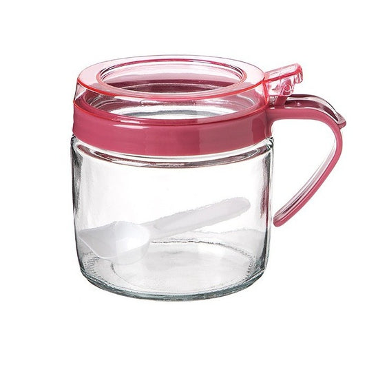 Recipient Condimente, selexmo, din Stilca, 180 ml, cu Maner si Lingurita, 8 x 9 cm, Capac Transparent, Roz