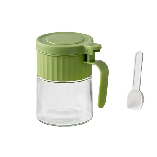 Recipient Condimente, selexmo, din Stilca, 180 ml, cu Maner si Lingurita, 10.6 x 7 x 7 cm, Capac Mat, Verde