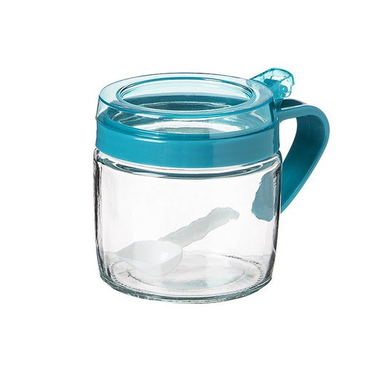 Recipient Condimente, selexmo, din Stilca, 180 ml, cu Maner si Lingurita, 8 x 9 cm, Capac Transparent, Albastru
