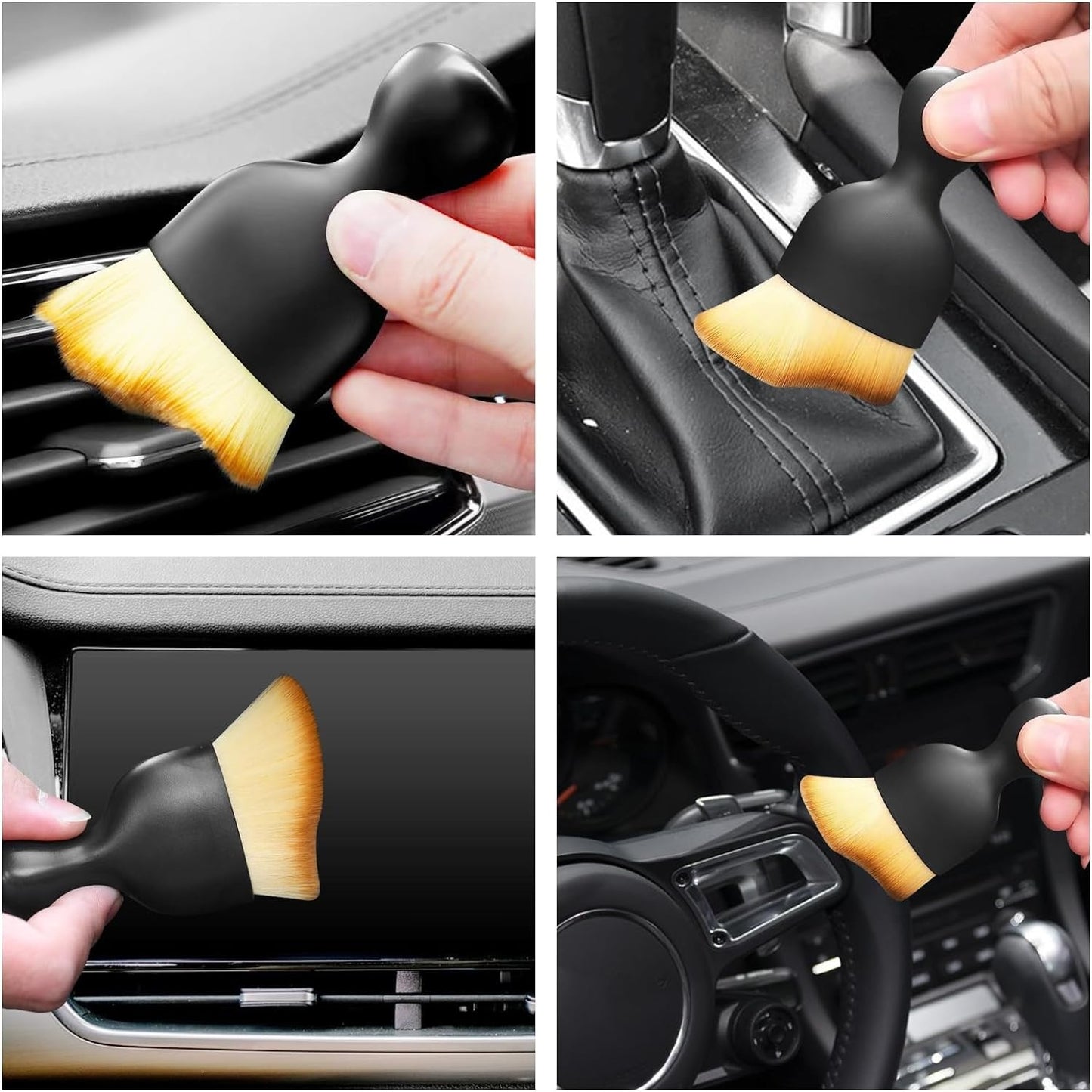 Set 2x Perii Multifuncționale pentru Curățarea Interiorului Auto, Păr Sintetic, cu Capac de Protecție, Negru