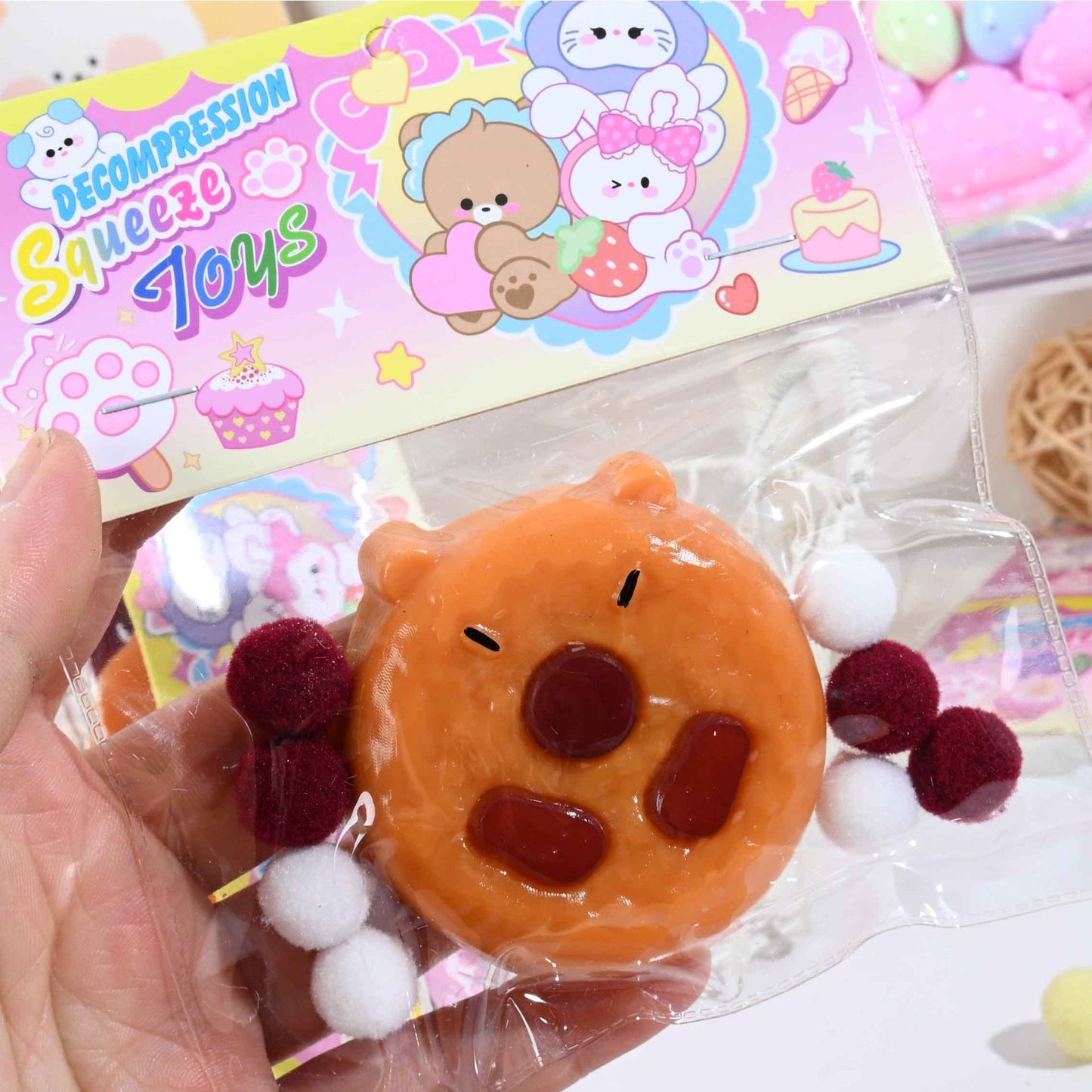 Set 12 Jucarii Antistres Squishy, selexmo, cu Revenire Lenta, Squeeze Pinch Family, Forma de Biscuite Rotund, Model Capybara, 7x6.5 cm, 55g, Ambalaj Transparent, Maro