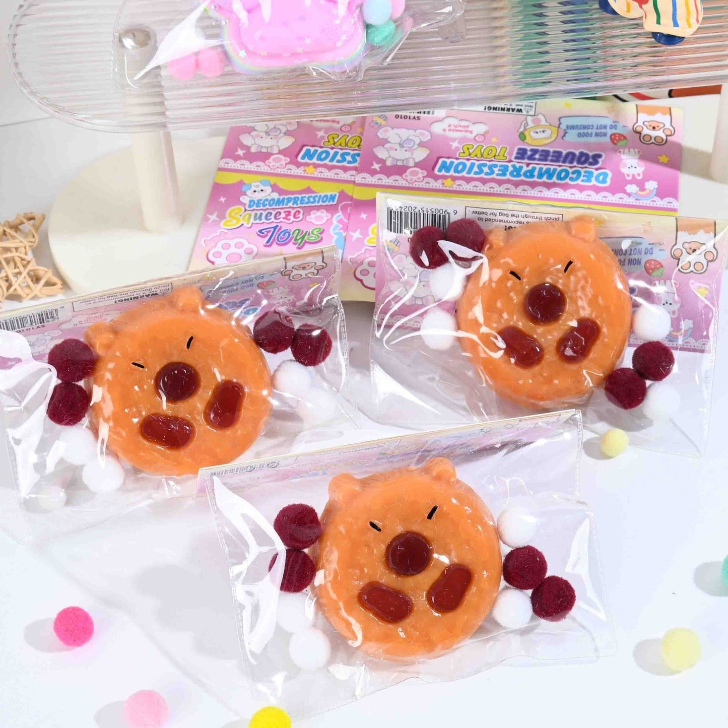 Set 12 Jucarii Antistres Squishy, selexmo, cu Revenire Lenta, Squeeze Pinch Family, Forma de Biscuite Rotund, Model Capybara, 7x6.5 cm, 55g, Ambalaj Transparent, Maro