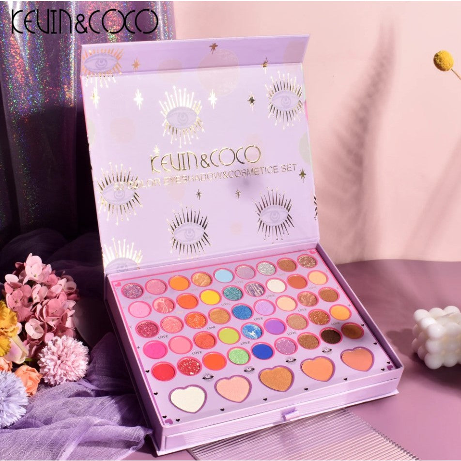 Set 13 piese cosmetice Kevin&Coco, 6 Lip Gloss, 2 Gloss drip, Ceara sprancene, Crema blus, Creion , paleta farduri 50 culori nuante rose/nude/maro, cutie patrata, multicolor