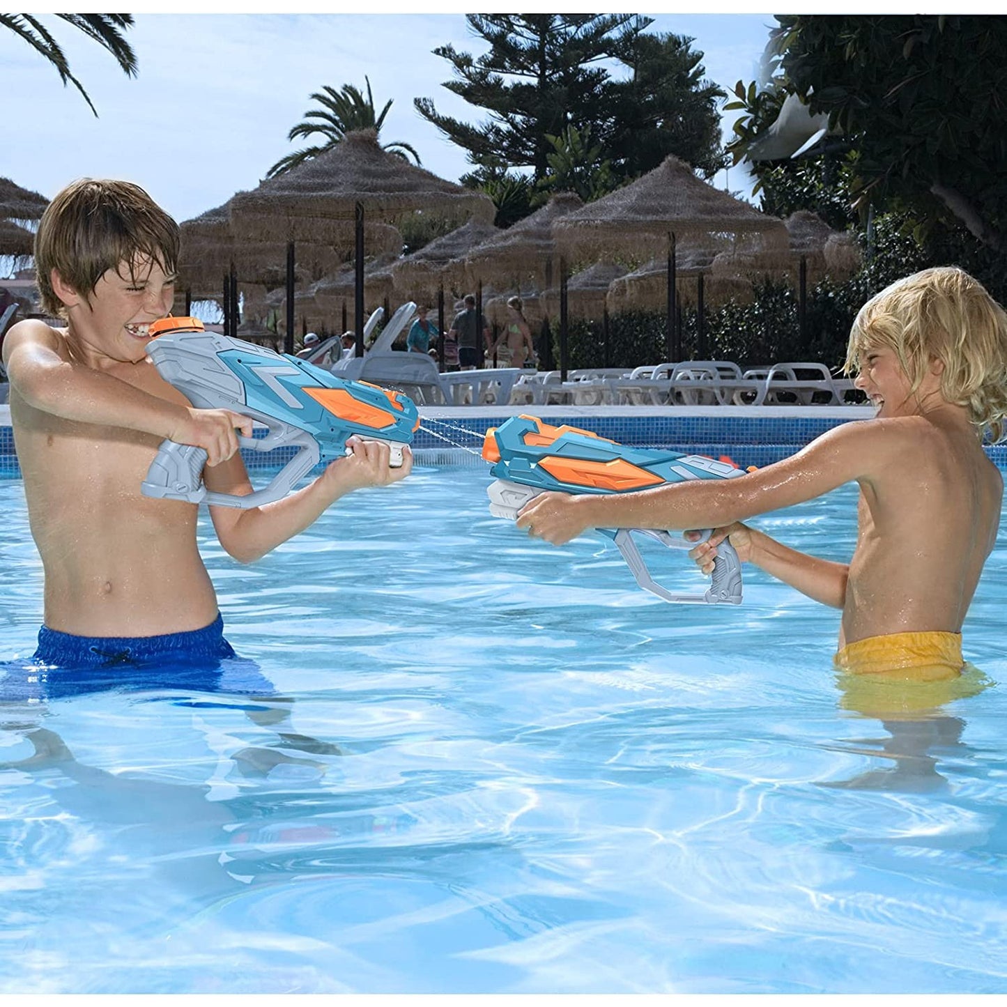 Set 2x Pistol cu Apa pentru Copii, Rezervor, Pentru Piscina/Plaja, Selexmo, 6ani+, Roz + Albastru, 4 duze, 900 ML