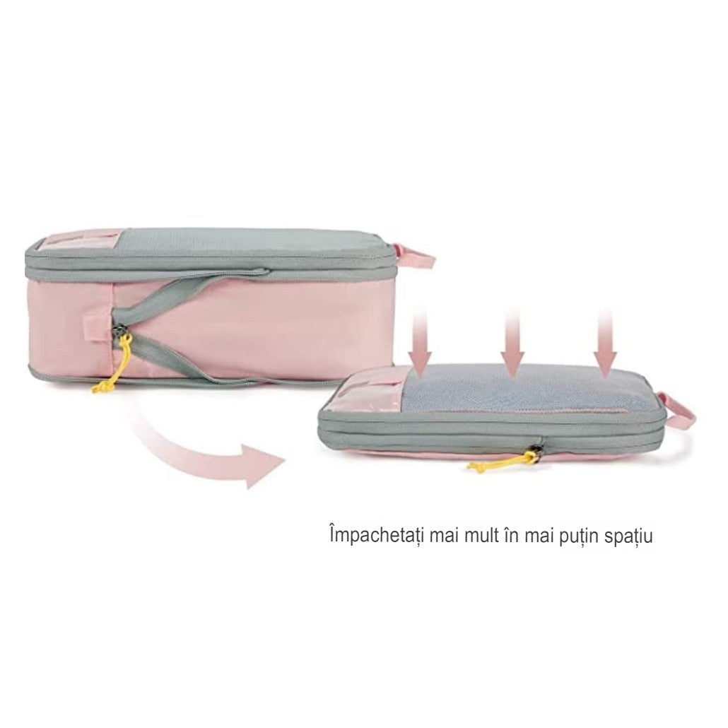 Set 3 Genti de Calatorie selexmo, Pentru Depozitare, Compresibile, 3 Dimensiuni, Mic, Mediu, Mare, Impermeabile, Fermoar Dublu, Roz