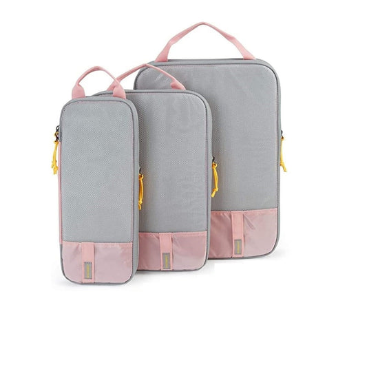 Set 3 Genti de Calatorie selexmo, Pentru Depozitare, Compresibile, 3 Dimensiuni, Mic, Mediu, Mare, Impermeabile, Fermoar Dublu, Roz