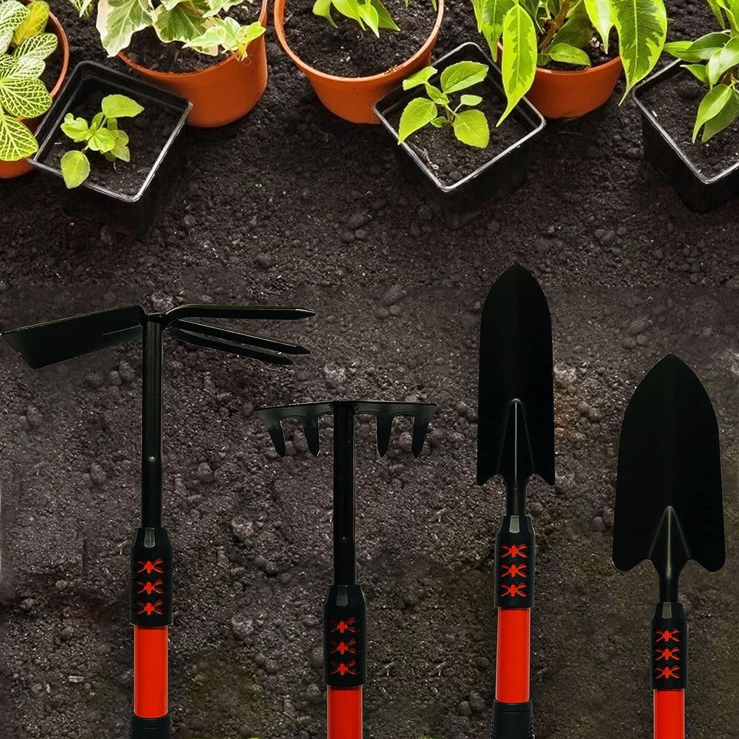 Set 4 Unelte de Gradina, Maner extensibil, pentru Plantare Prelucrare Sol si Ingrijire Plante, Material otel carbon, negru