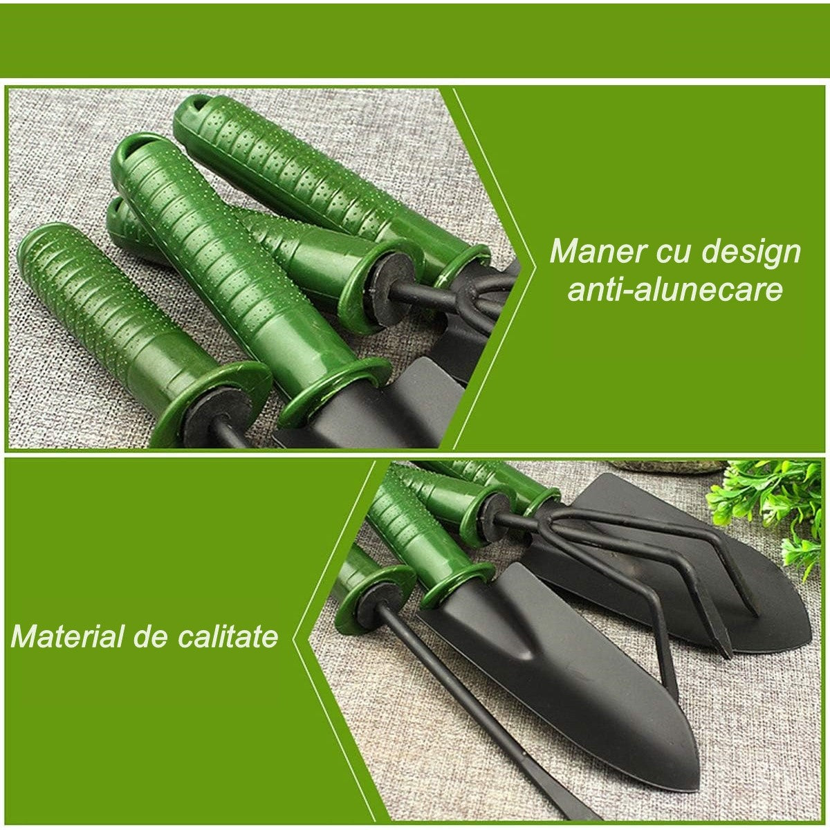 Set 4 Unelte de Gradina, pentru Plantare Prelucrare Sol si Ingrijire Plante, Material PVC si cardboard, 25 x 8.5 cm, verde