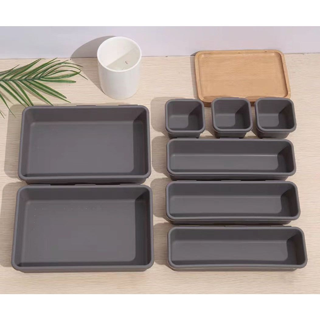 Set 8 cutii depozitare, pentru sertar, cosmetice, ustensile bucatarie, textile, plastic, gri, selexmo, 23.5 x 16 cm