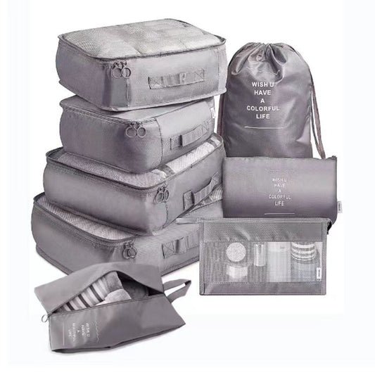 Set 8 huse organizare bagaj selexmo, material poliester, impermeabil, cu fermoar, pentru calatorii sau dulap, sac pentru pantofi inclus, pliabil, gri