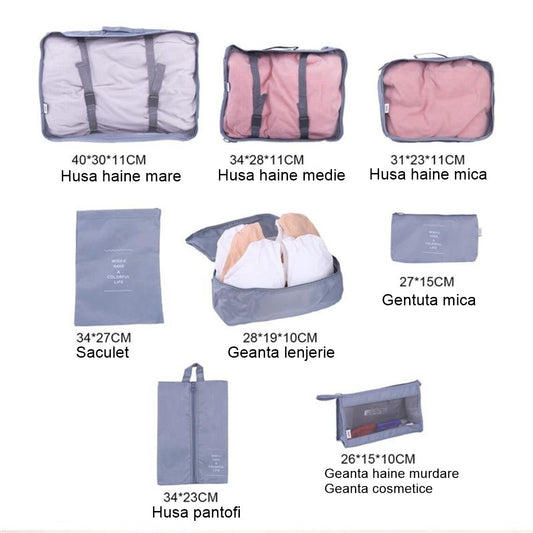 Set 8 huse organizare bagaj selexmo, material poliester, impermeabil, cu fermoar, pentru calatorii sau dulap, sac pentru pantofi inclus, pliabil, gri