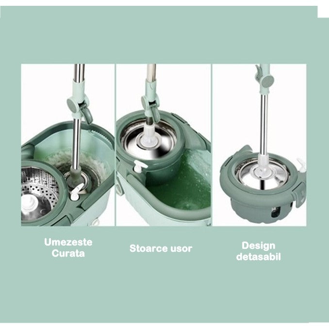 Set mop rotativ cu galeata selexmo, material plastic si microfibra, o rezerva inclusa, rezistent, cu dop scurgere, vas detasabil, orificiu pentru solutie, pentru interior, capacitate 8 l, verde