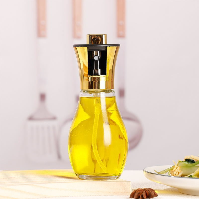 Sticla de ulei cu Pulverizator, selexmo, Sticla pentru Lichide de Bucatarie, Otet, Sos, 16.7 x 5.2 cm, Volum 200 ml, Gold