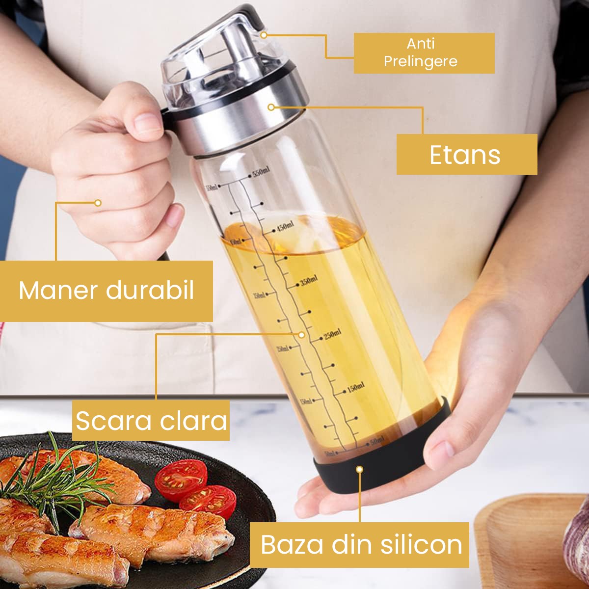 Sticla de ulei etansa cu deschidere inchidere, selexmo, Dispenser de ulei de bucatarie, Sos de soia, Otet, 500 ml, Transparent