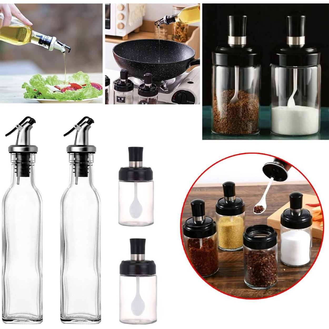Sticle si Borcane de Ulei de Masline, selexmo, Dozator Set 4 Bucati, 2 Sticle cu Dispenser 500 ml/buc, 2 Borcane pentru Condimente cu Capac si Lingura 120ml/buc, Transparent