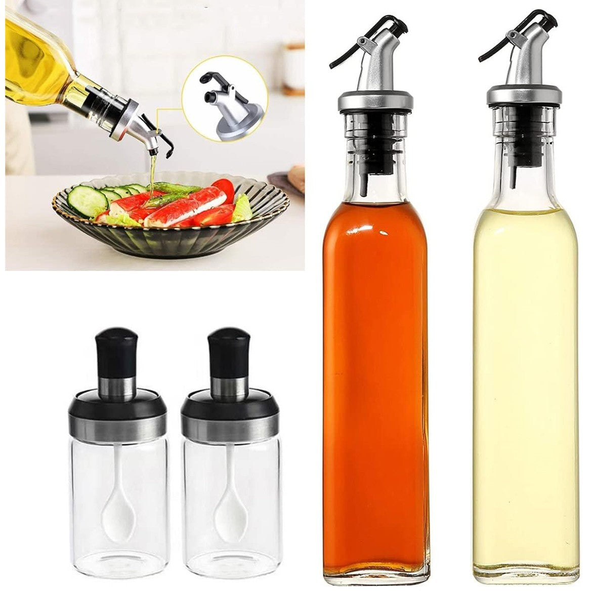 Sticle si Borcane de Ulei de Masline, selexmo, Dozator Set 4 Bucati, 2 Sticle cu Dispenser 500 ml/buc, 2 Borcane pentru Condimente cu Capac si Lingura 120ml/buc, Transparent