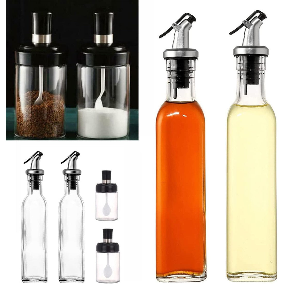 Sticle si Borcane de Ulei de Masline, selexmo, Dozator Set 4 Bucati, 2 Sticle cu Dispenser 500 ml/buc, 2 Borcane pentru Condimente cu Capac si Lingura 120ml/buc, Transparent
