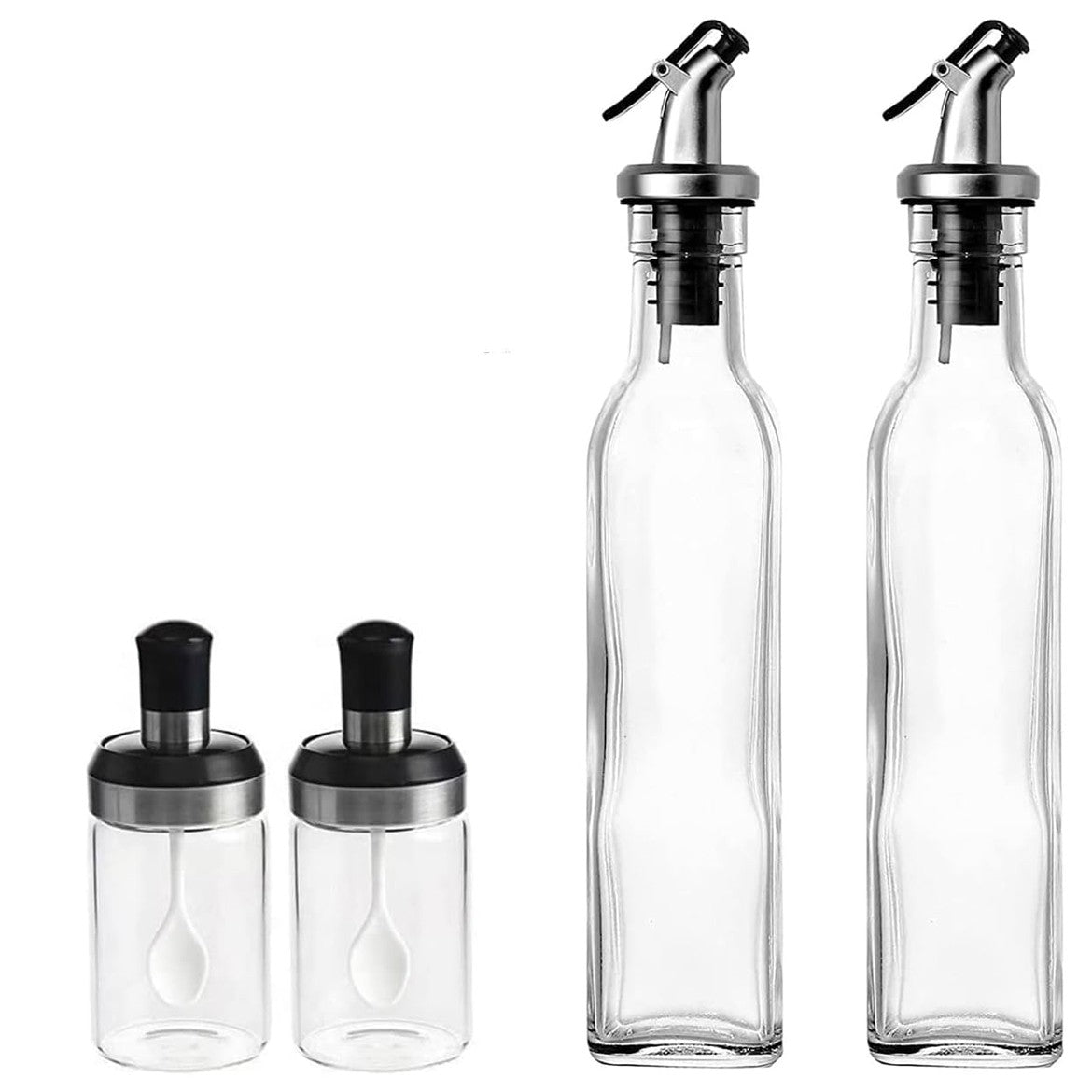 Sticle si Borcane de Ulei de Masline, selexmo, Dozator Set 4 Bucati, 2 Sticle cu Dispenser 500 ml/buc, 2 Borcane pentru Condimente cu Capac si Lingura 120ml/buc, Transparent