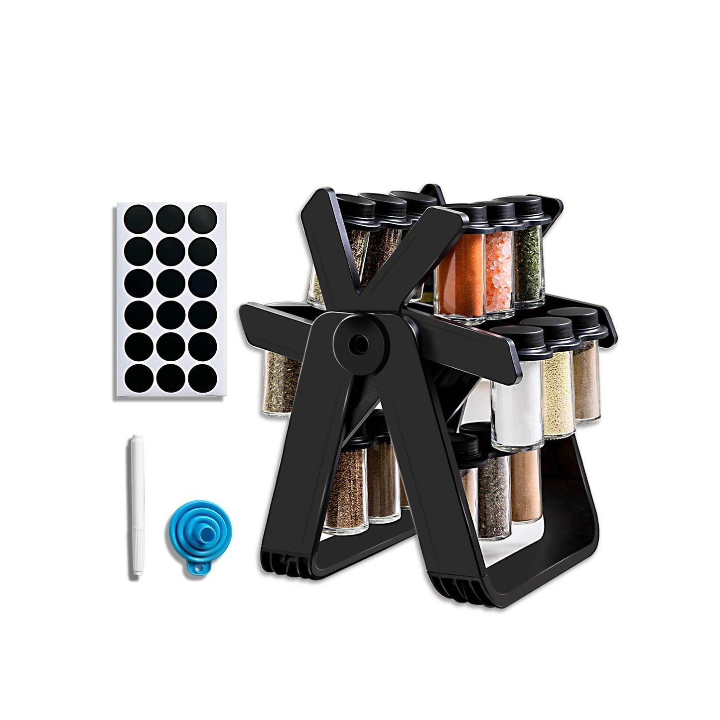 Set 18 recipiente condimente cu suport rotativ Selexmo®, 34x23 cm, pivotant 360°, cutie single 100ML, negru