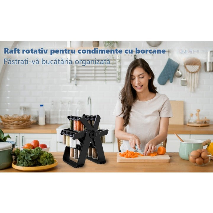 Set 18 recipiente condimente cu suport rotativ Selexmo®, 34x23 cm, pivotant 360°, cutie single 100ML, negru