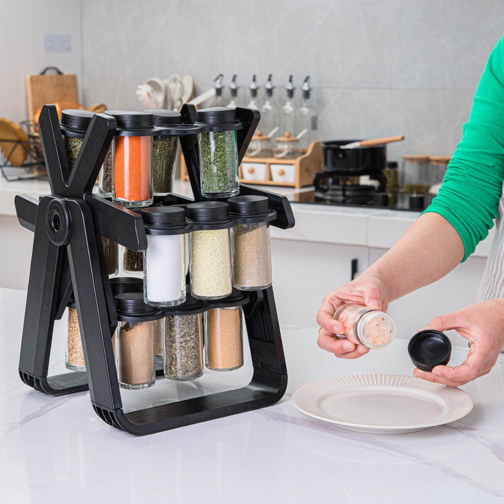 Set 18 recipiente condimente cu suport rotativ Selexmo®, 34x23 cm, pivotant 360°, cutie single 100ML, negru
