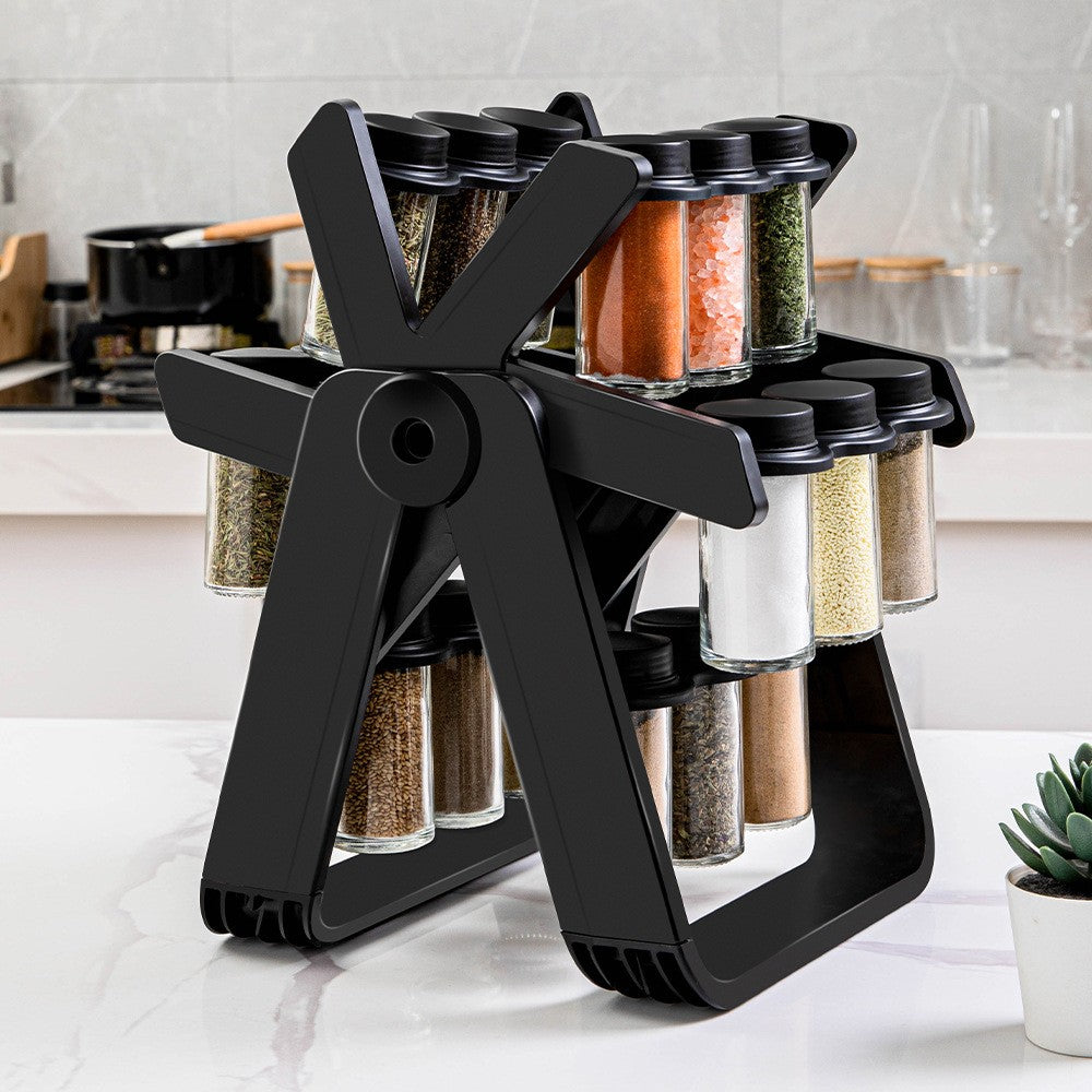 Set 18 recipiente condimente cu suport rotativ Selexmo®, 34x23 cm, pivotant 360°, cutie single 100ML, negru