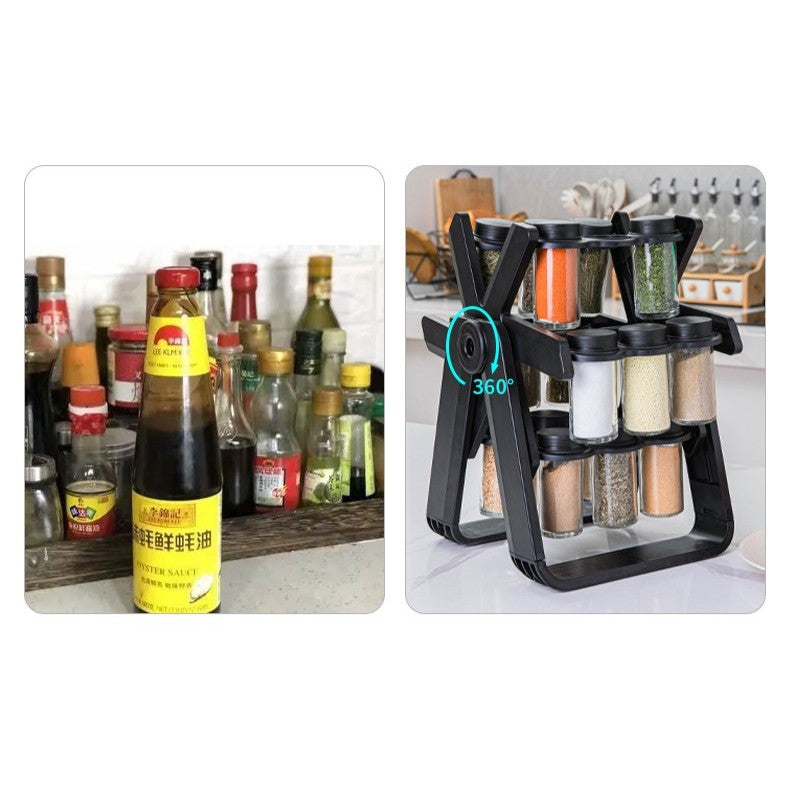 Set 18 recipiente condimente cu suport rotativ Selexmo®, 34x23 cm, pivotant 360°, cutie single 100ML, negru