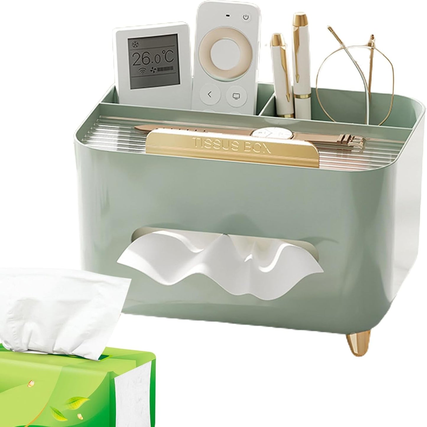 Suport pentru Servetele, selexmo, Cutie Multifunctionala, Design Minimalist, ABS, cu Suport pentru Obiectele Personale, pentru Birou, 21x15x13 cm, Verde