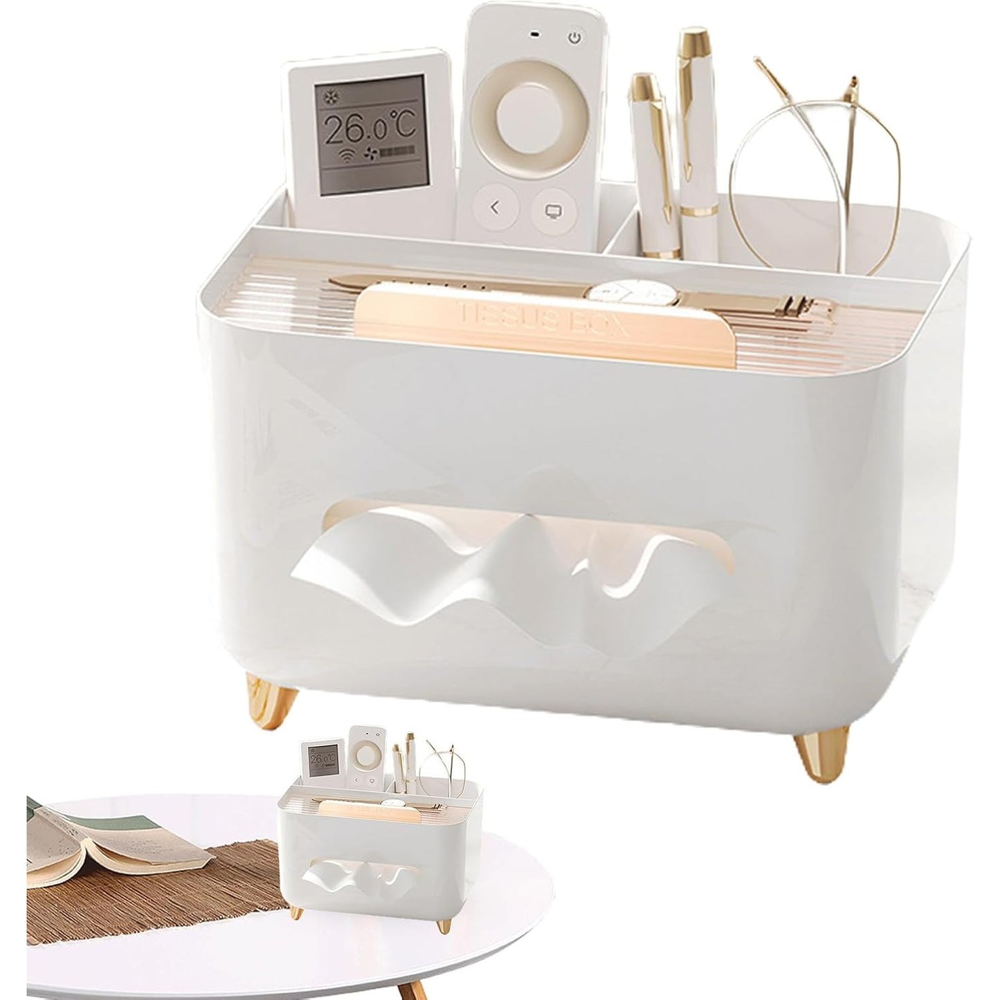 Suport pentru Servetele, selexmo, Cutie Multifunctionala, Design Minimalist, ABS, cu Suport pentru Obiectele Personale, pentru Birou, 21x15x13 cm, Alb