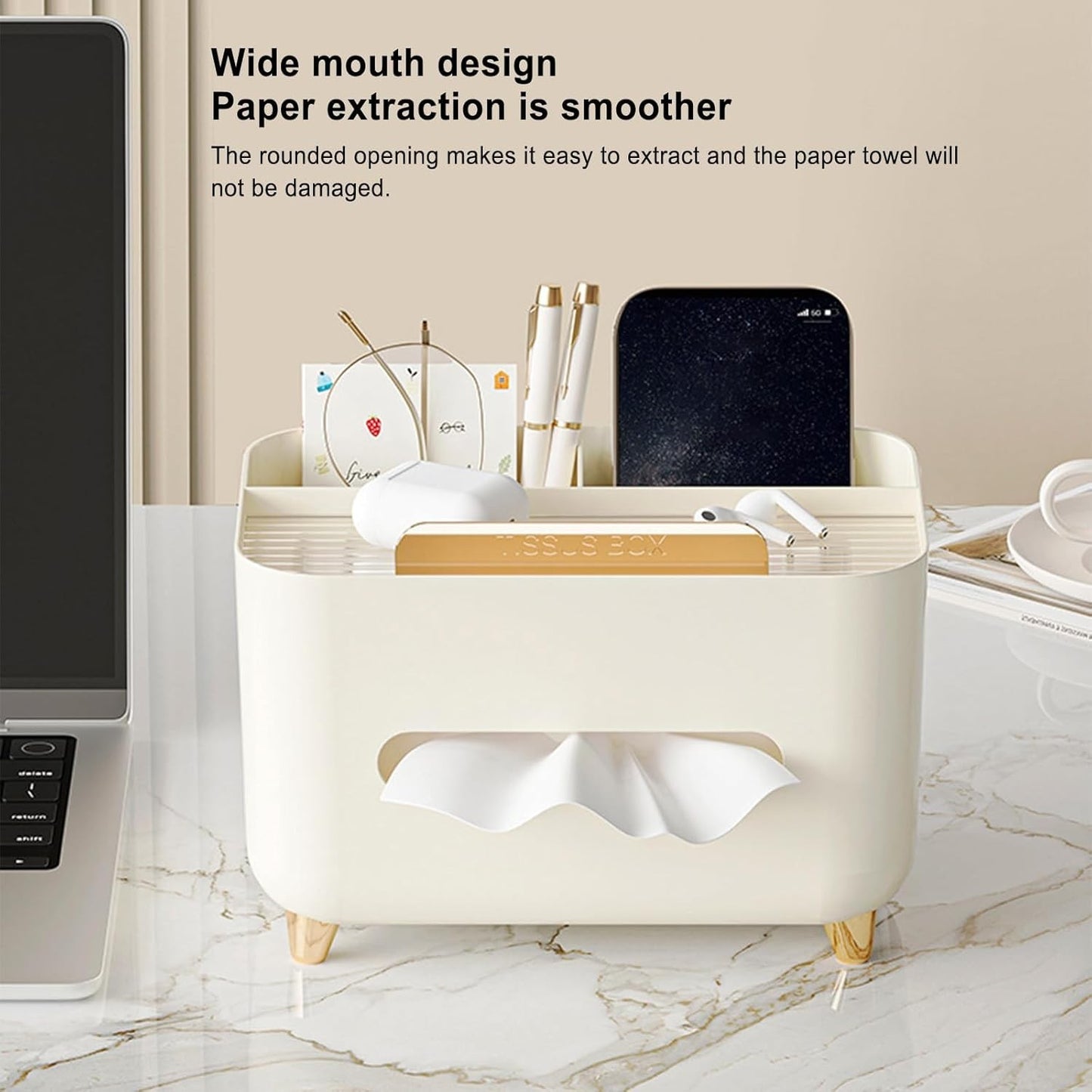 Suport pentru Servetele, selexmo, Cutie Multifunctionala, Design Minimalist, ABS, cu Suport pentru Obiectele Personale, pentru Birou, 21x15x13 cm, Crem